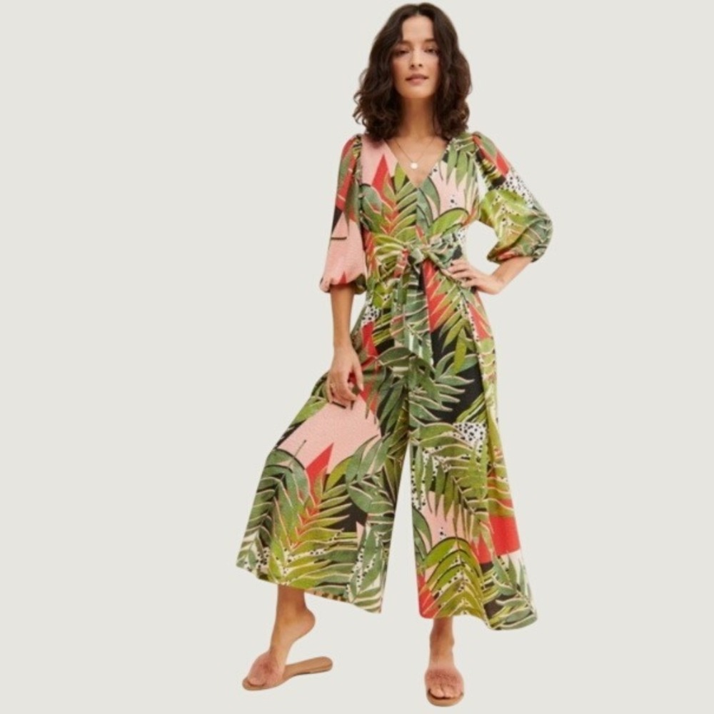 Hutch‎ Tropical Palm Leaf Jumpsuit Womens Small Green Pink Wide Leg Boho Resort